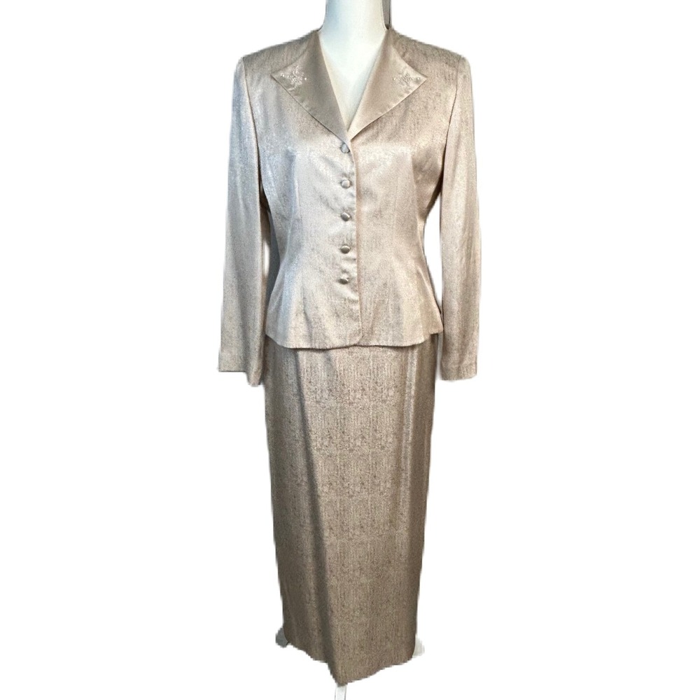 Adrianna‎ Papell Jacket Skirt Set Size 10 Champagne Silk Beaded Formal Wedding